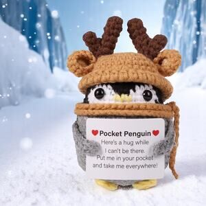 Pocket Penguin Plush with Reindeer Antlers Holiday Motivational Message Hug Gift